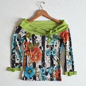 VTG 90s Alberto Makali Off The Shoulder Surrealist Blouse in Multicolor sz Small